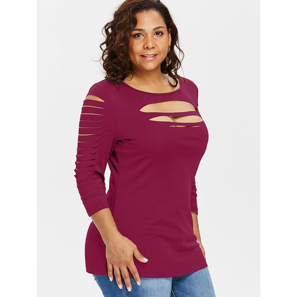 ☀ Rose Red Plus Size Long Sleeve Shredded Top ☀ - Picture 2 of 8